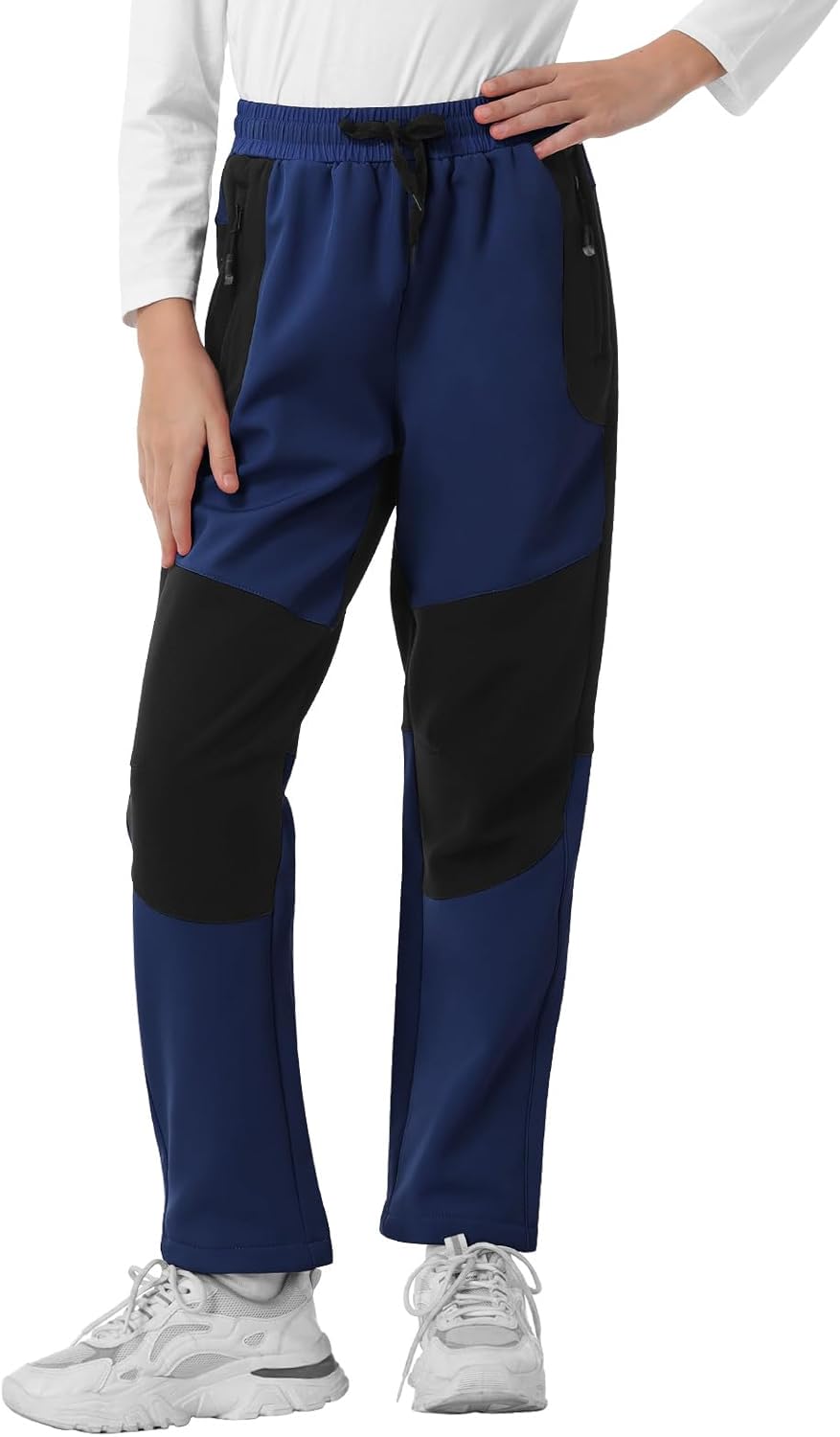 Kids Fleece Lined Snow Ski Pants Boys Girls Hiking Outdoor Pants Waterproof Elatsic Waist Insulated Trousers