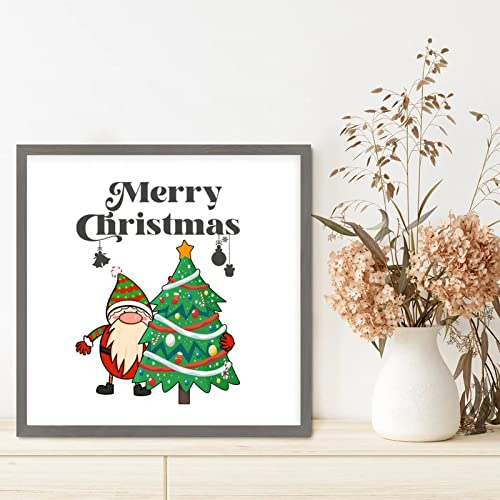 Rustic Style 12X12In Wooden Wall Art Sign With Merry Christmas Dwarf With Christmas Tree Hang Gray Frame Wooden Plaque For New Home Farmhouse Garden Yard Porch Cottage Xmas New Year Decor #TOP7
