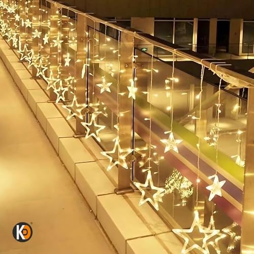 Image of K D 6+6 Star Warm Yellow 138 LEDs Curtain LED String Lights (3.5 ft Length + 0.5 FT Length After Adopter = 4ft) with 8 Modes Indoor Outdoor for Home, Diwali, Christmas (Star Warm Yellow 6+6)