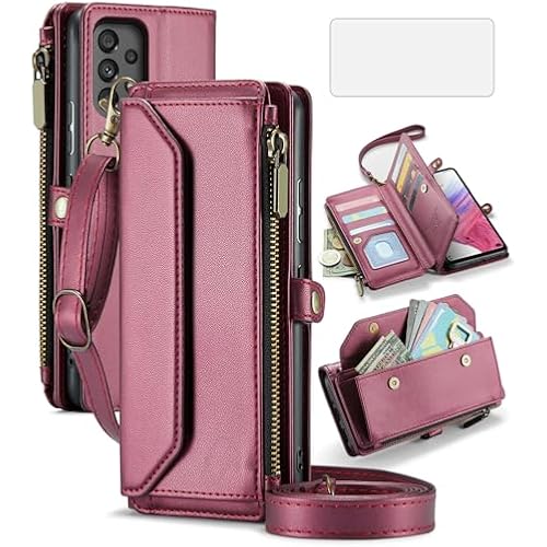 Asuwish Phone Case for Samsung Galaxy A53 5G Zipper Wallet Cover with Tempered Glass Screen Protector and Flip RFID Blocking Credit Card Holder Cell A 53 G5 53A SM A536U 6.5" 2022 Women Girls Wine Red