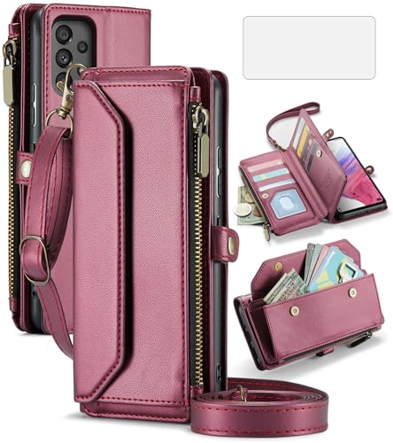 Asuwish Phone Case for Samsung Galaxy A53 5G Zipper Wallet Cover with Tempered Glass Screen Protector and Flip RFID Blocking Credit Card Holder Cell A 53 G5 53A SM A536U 6.5" 2022 Women Girls Wine Red