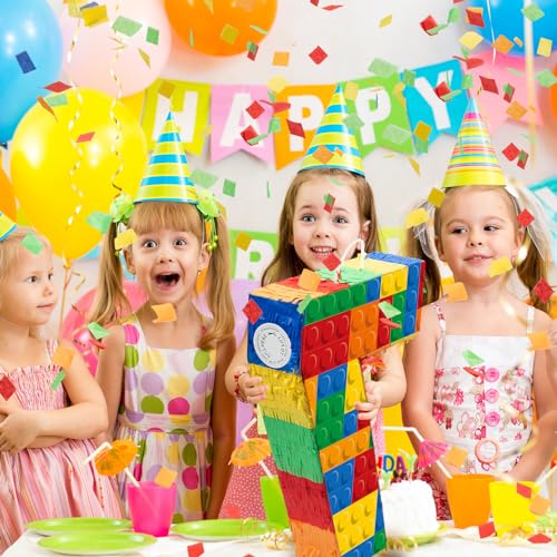 RoundFunny Number 7 Building Blocks Piñata 16.5 Inch Party Supplies 7th Birthday Party Decorations Piñata with Confetti Blocks Theme Fiesta Anniversary Celebration