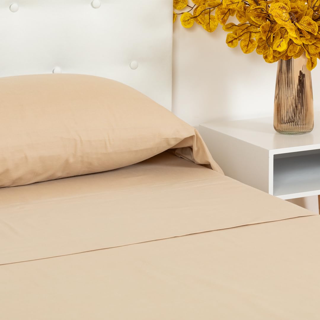 TRAMAS+ Parure de lit 100% Coton pour lit 160x190/200 cm, 4 pièces, Drap-Housse, Drap Plat et 2 taies d'oreiller 90x45 cm, Douce, Respirante et certifiée Oeko-TEX, Sable