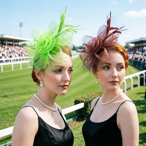 Image of DRESHOW Fascinators Hat Flower Mesh Ribbons Feathers on a Headband and a Clip Tea Party Headwear for Girls and Women
