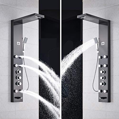 Fuz 44 Inch Thermostatic Bath Shower Tower Panel System,Wall Mounted Stainless Steel 5 Function Waterfall Rainfall Shower Head, Handheld Shower,Body Massage Jets And Tub Spout,Oil Rubbed Bronze #TOP5