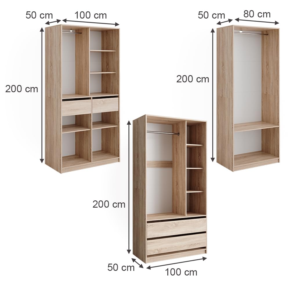 Vicco Armario Elmo, Sonoma, 280 x 200 cm Lote de 3, para un Almacenamiento Flexible de Todo Tipo de Prendas de Vestir