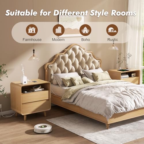 Image of Nasonet Night Stand with Charger Station, Mid Century Modern Nightstands Set of 2, Wood Bedside Table for Bedroom, Curved Beveled Design, Oak