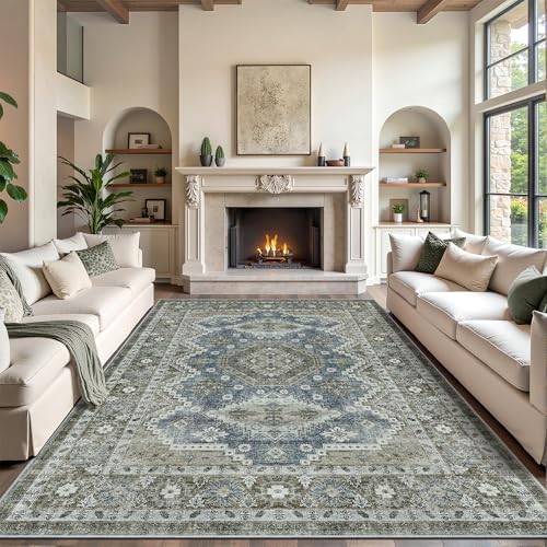 Rugland 8x10 Area Rugs - Stain Resistant Washable Rug, Anti Slip Backing Rugs for Living Room, Vintage Tribal Area Rugs(TPR07-Green, 8'x10')