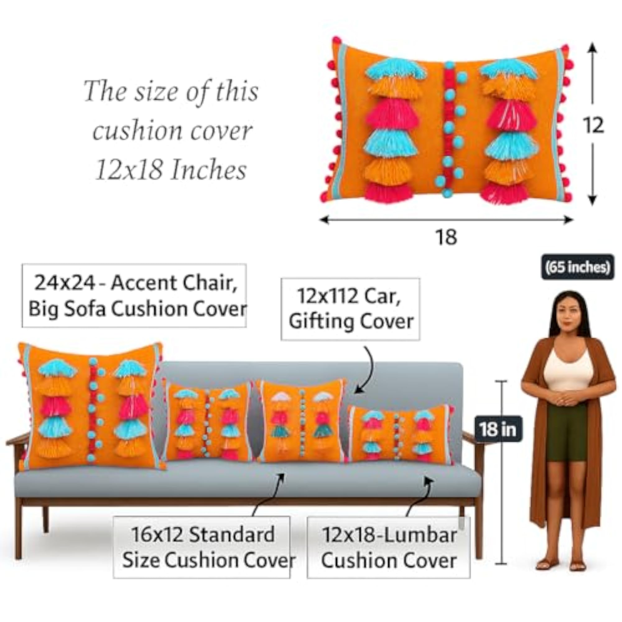 Burnt Orange Savannah Cushion Cover Boho Multicolor Pom Pom