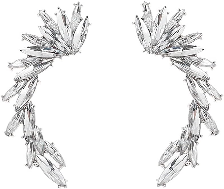 Crystal Leaf Climbers Crawler Jewelry Jacket Earrings Sparkly Zircon Pave Metal Ear Cuff Wrap Clip Stud Earring Climber Top Ear Clip for Women