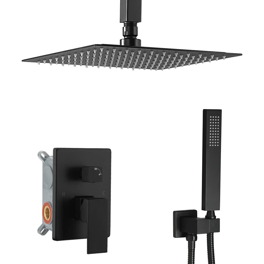 Heable Shower System Matte Black Bathroom 10 Inch Rain Shower Head Ceiling Mount with Handheld Luxury High Pressure Shower Combo Set Shower Faucet Rough-in Valve Body and Trim Included
