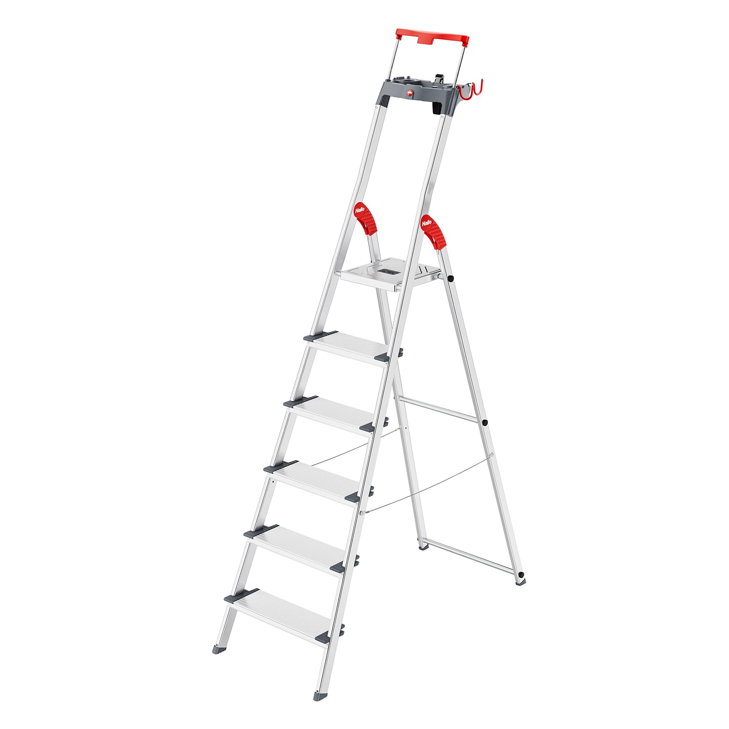 Hailo L84 ComfortLine Alu-Stehleiter mit 6 XXL-Stufen bis 150 kg, Silber | Sicherheits-Stehleiter, Made in Germany, rostfrei, tiefe Standfläche, Haltegriff und Ablage