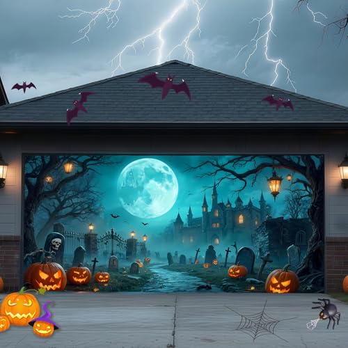 TTCHANG Halloween Garage Door Cover Banner 16 x 7FT Large Hanging Backdrop Door Cover Horror Haunted Cemetery House Pumpkins Halloween Garage Wall Decorations