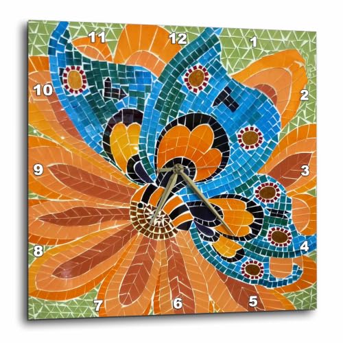 3dRose Wall Clock Silent - 13 inch - Blue Orange and Green Mosaic - Designer Texture