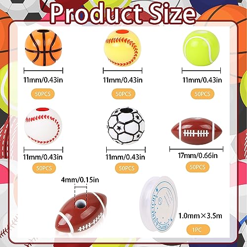 300 Pcs Sports Ball Beads for Jewelry Making, Acrylic Sport Beads Bulk, Baseball Basketball Soccer Softball Football Tennis Beads with Stretch Rope, Sports Spacer Beads for DIY Crafts Bracelet