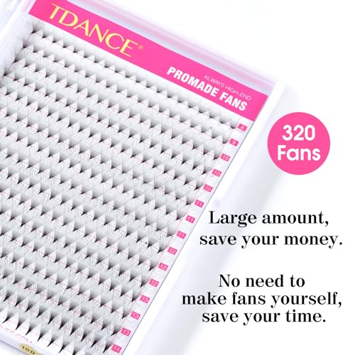 TDANCE Premade Fans Eyelash Extensions 320 Fans Pre Made Fans Lash Extensions Middle Stem Heat Bonded Premade Lash Fans Volume Lash Extensions(320-10D-0.07-D-13)