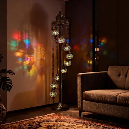 Mozaist Turkish Mosaic Floor Lamp with Bulbs – Handmade Multi Globe Moroccan Standing Lamp, Authentic Stained Glass Light, Bohemian Home Decor (Multicolor, 9 Globe Floor Lamp)