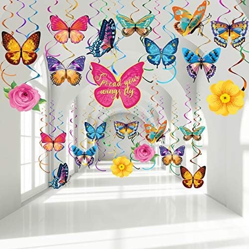 30 Pcs Butterfly Hanging Swirl Decorations Flowers Butterfly Party Decorations Spring Summer Baby Shower Butterfly Foil Ceiling Streamers for Women Girl Kids Birthday Wedding Party Supplies (Elegant)