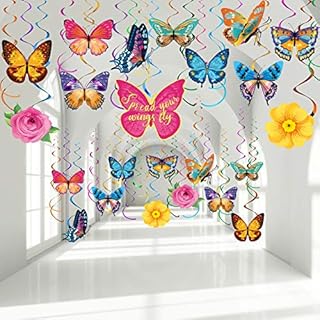 30 Pcs Butterfly Hanging Swirl Decorations Flowers Butterfly Party Decorations Spring Summer Baby Shower Butterfly Foil Ceiling Streamers for Women Girl Kids Birthday Wedding Party Supplies (Elegant)