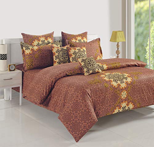 Swayam 250 TC Ethinic Print Cotton Satin Double Bed Sheet with 2 Pillow Cover - Brown, 0