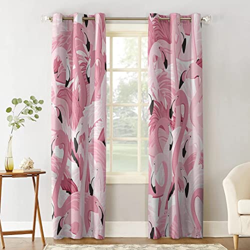Pink Flamingo Blackout Curtains, Tropical Animals 3D Printed Drapes, Window Curtain Panel Set Of 2 With Grommet Top For Bedroom Living Room (63" W X 45" L) #TOP1