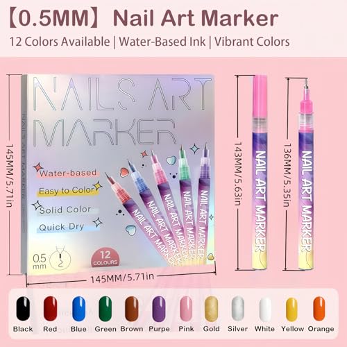 LuneHe life 12 Colors Nail Art Pens Set, Quick Dry Nail Art Markers & Nail Polish Pens for Drawing, Painting and Dotting, DIY Manicure Tools for Nail Design, Home Salon Use