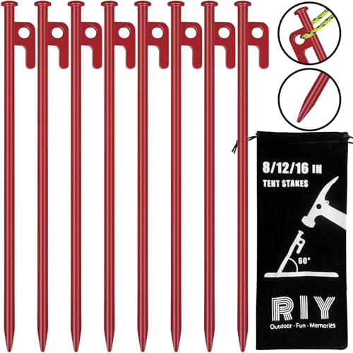 Image of 8 Pack Tent Stakes Heavy Duty 12 inch Steel Tent Pegs for Camping Unbreakable and Inflexible-Red
