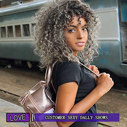 YEAME Curly Wigs for White Women - Kinky Curly Afro Wig with Bangs Ombre Gray Color Synthetic Mixed Wigs with 1 Wig Comb and 4pcs Wig Caps
