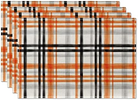 Artoid Mode Orange Black Buffalo Plaid Halloween Placemats Set of 4, 12x18 Inch Table Mats for Outdoor Home Party Kitchen Dining Decoration