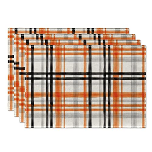 Artoid Mode Orange Black Buffalo Plaid Fall Placemats Set of 4, 12x18 Inch Halloween Seasonal Table Mats for Party Kitchen Dining Decoration