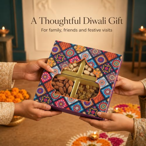 Image of Leeve Dry Fruits Diwali Gift Box with Almonds, Cashews, Salted Pistachios and Raisins, Festive Celebration Hamper for Family and Friends, 1kG