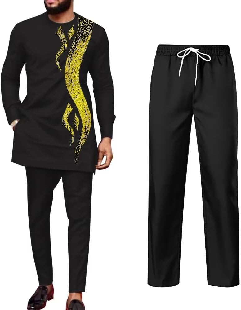 2 Piece Mens African Dashiki Suits Slim Fit O-Neck Print Nigerian Outfits Formal Casual Attire Cocktail Wedding Wear