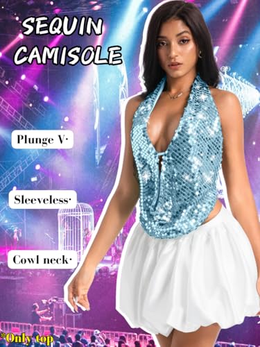 Kaei&Shi Sequin Halter Top,Backless Cowl Neck Sparkly Club Tops for Women,Sexy Outfit Going Out Concert Party2