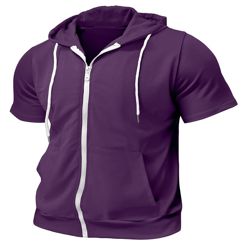 Men's Slim Fit Zip up Hoodie Short Sleeve Full Zip Sweatshirt Drawstring Hooded Sports Tops with Kanga Pocket