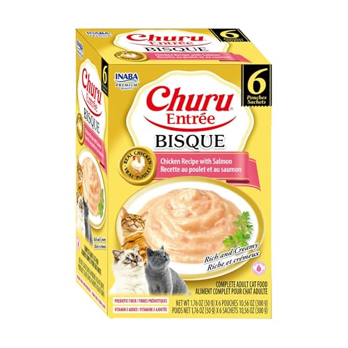 INABA Churu Entrée Bisque for Cats, High Protein & Moisture, Prebiotic Wet Cat Food, 1.76oz. per Serving, 6 Pouches, Chicken with Salmon Recipe