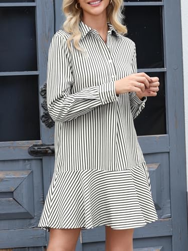 Image of EZAPINE Womens Striped Shirt Mini Dress Long Sleeve Collared Ruffle Hem Button Up Tunic Flowy Swing Dresses