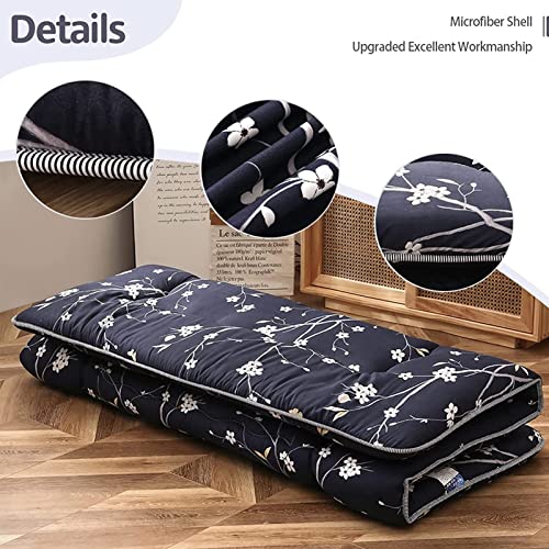 Image of MAXYOYO Japanese Floor Mattress Navy Floral Printed Futon Mattress Foldable Floor Cushion Roll Up Camping Mattress Floor Lounger Queen Size Mattress
