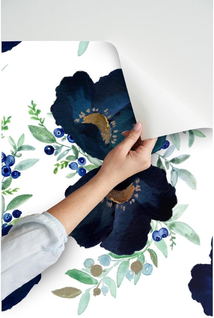 Peel & Stick Wallpaper 9ft x 2ft - Blueberry Blue Purple Gold Floral Flowers Large Print Decor Wedding Custom Removable Wallpaper by Spoonflower