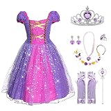 Prinzessin Kleid Mädchen, Kostüm Kinder Verkleidung mit Krone Diadem Handschuhe Zauberstab Halskette Stirnband Cosplay Kostüme für Weihnachten Verkleidung Karneval Halloween Hochzeit Geburtstag Party