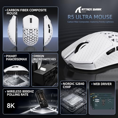 Image of R5Ultra 8K Carbon Fiber Wireless Gaming Mouse with 42,000 DPI -PAW3950 MAX Sensor -Nordic52840 -39g Ultra-Lightweight -Wired /BT /2.4GHz Wireless Programmable Mice Griptape for PC /Mac(White)