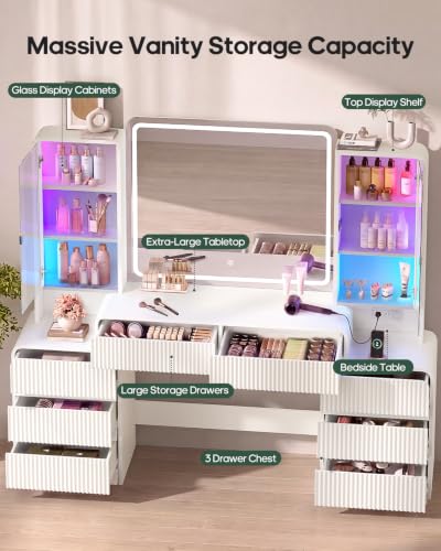 Image of Big Vanity Desk, Fluted Makeup Vanity with Mirror Lights, Dressing Table