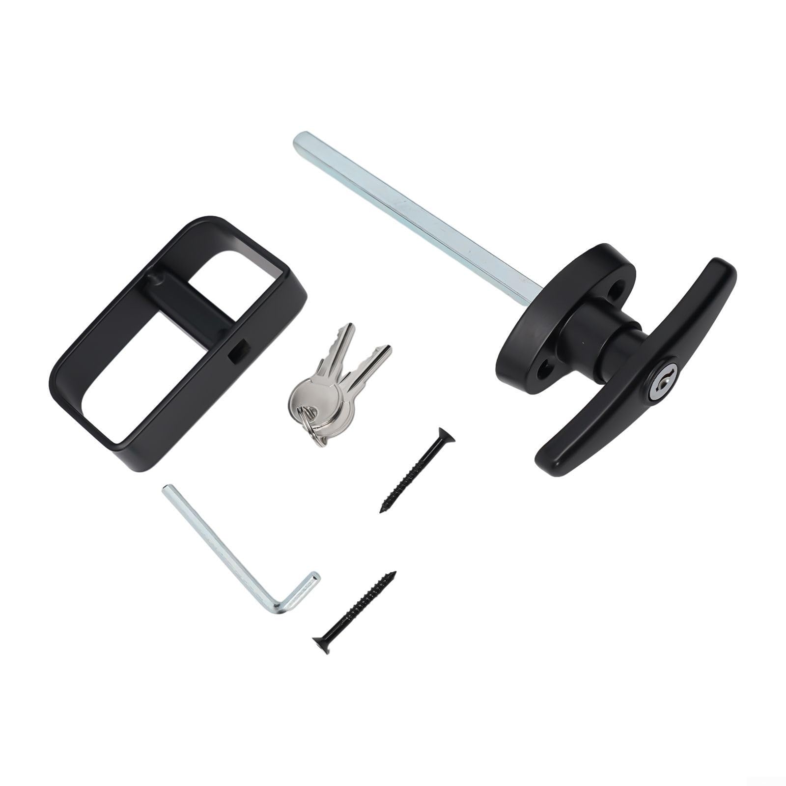 Set di serrature con maniglia a T per porta di capannone, fienile o edificio esterno, struttura in lega di zinco verniciata a polvere nera e ferro con stelo da 14 cm, include maniglia a D interna,