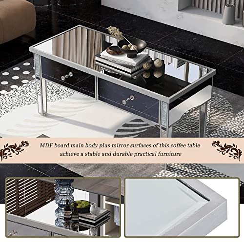Lumisol Glass Mirrored Coffee Table With 2 Drawers, Rectangle Silver Accent Table With Crystal Handles And Adjustable Height Legs, Cocktail Table For Living Room, Silver #TOP4