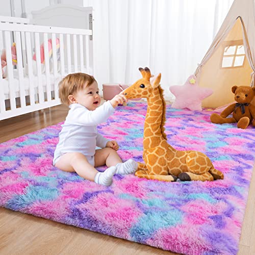Homore Soft Fluffy Rug For Bedroom, Tie Dye Rugs For Living Room, Non Slip Shaggy Plush Carpet For Kids Nursery Toddler, 5X7 Feet Area Rugs For Room Floor, Hot Pink/Purple #TOP6