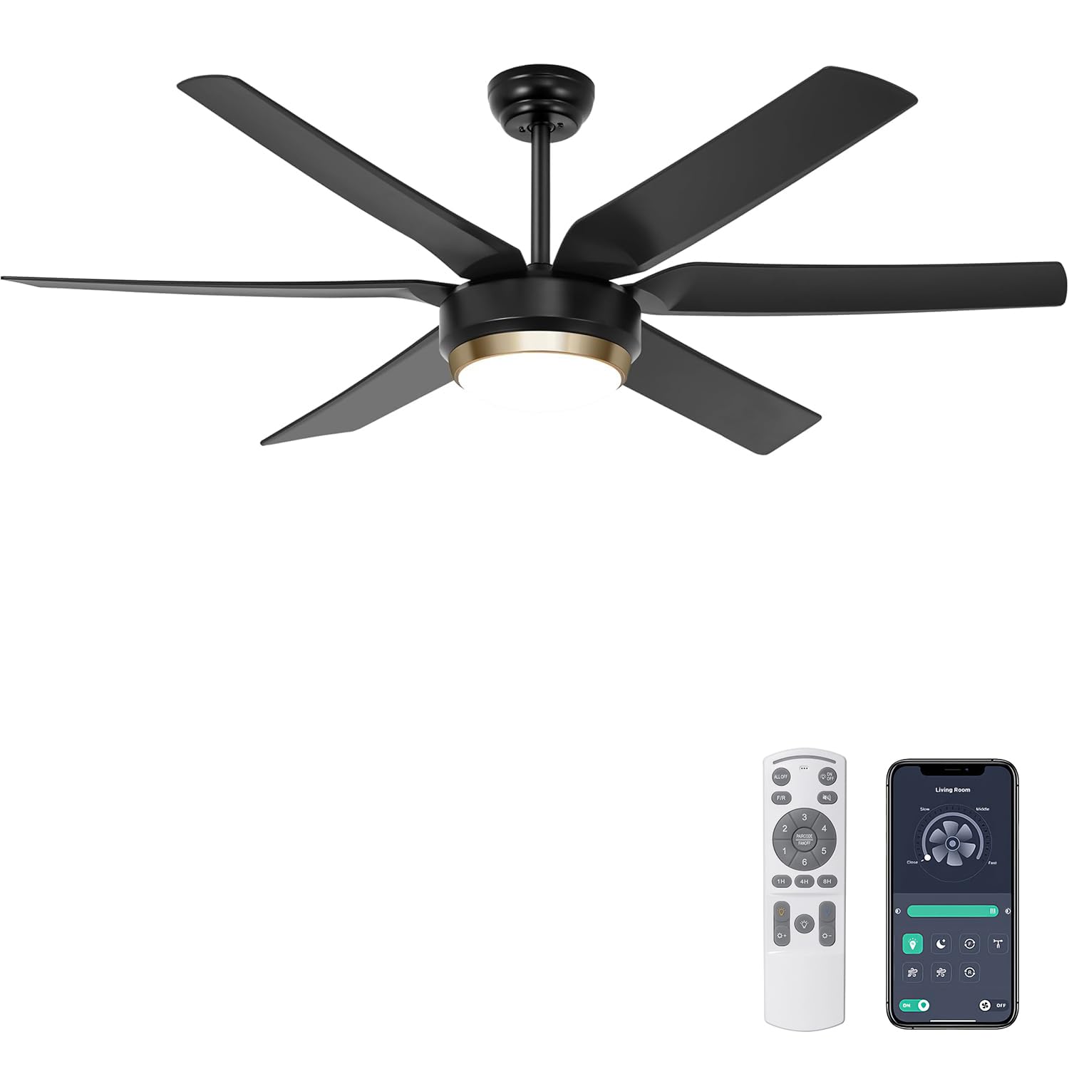 Ohniyou Ventiladores de techo con luz, ventilador de techo negro de 56 pulgadas, control remoto/APP, regulable, motor de CC silencioso, ventilador de techo interior/exterior para sala de estar