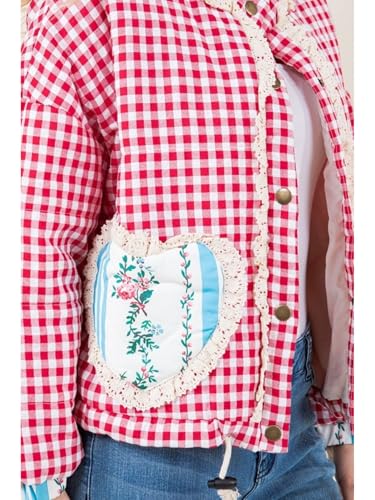 Joiemont Women's Red Plaid Heart Jacket with Teddy Trim and Heart-Shaped Pockets - Cropped Puffer Coat for Winter Fun - Image 5