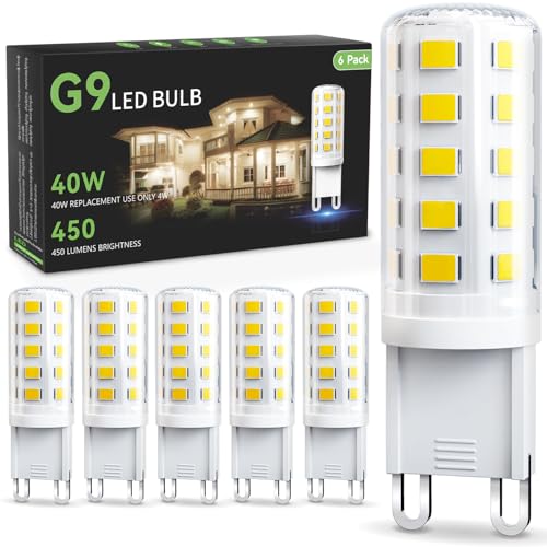 TJOY G9 LED Bulb 4W, 4000K Neutral White 6 Pack, Equivalent 40 Watt T4 G9 Halogen Replacement, G 9 Bi-pin Base Light Bulbs for Chandelier, 120V 450 LM 360 Beam Angle for Home Lighting, Non-dimmable