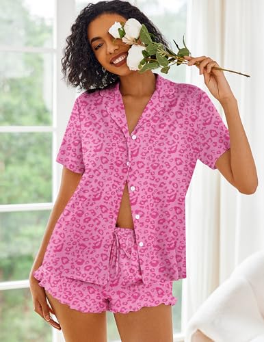 Image of Ekouaer Pajamas Set for Women Short Sleeve Sleepwear Button Down Pjs Lounge Sets Soft Nightwear
