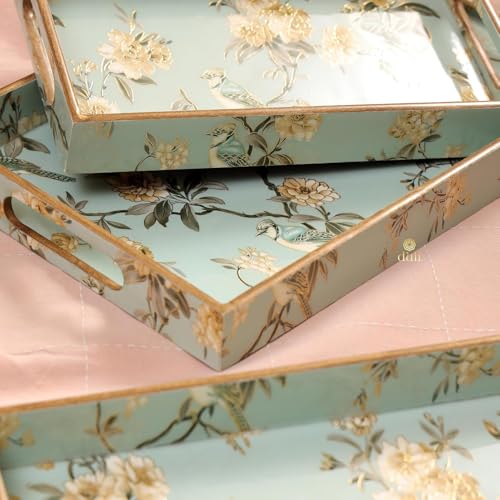 Image of Set of 3 Waterproof Wooden Trays - Modern Birds Design with Floral & Tree Artwork, Serving Tray Set | Tray Set| MDF Serving Trays (16x10, 14x8, 12x6 Inches)(Setof3WP- AquaGoldBird)