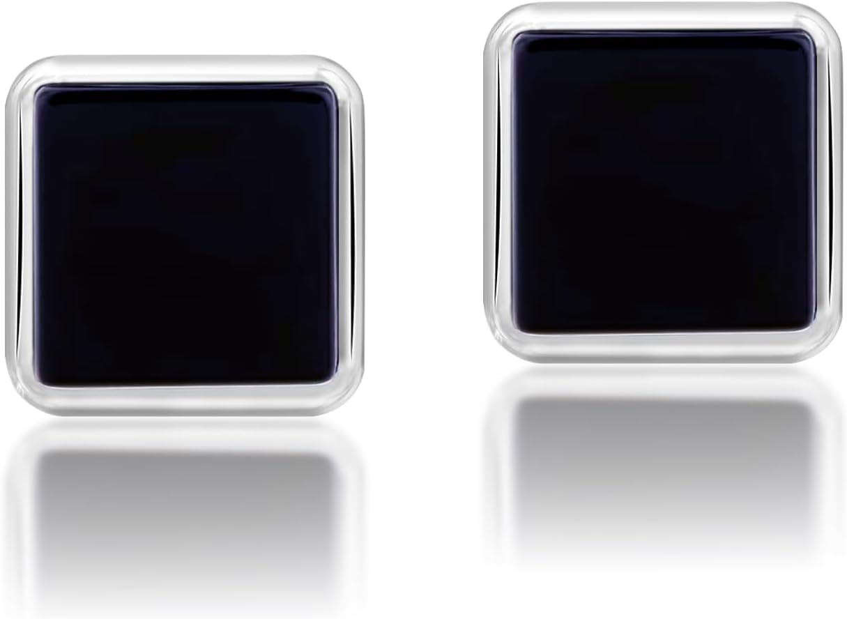 LeCalla 925 Sterling Silver Stud Earrings for Men | Small Hypoallergenic Black Onyx Earrings with Round Triangle and Square Design | Gift for Dad Father Son Brother Husband
